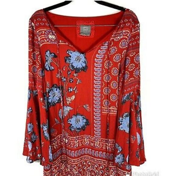 ❌Anthropologie Isabelle Red Silk Floral Bell Sleeve Shift Dress 2 - Picture 3 of 9